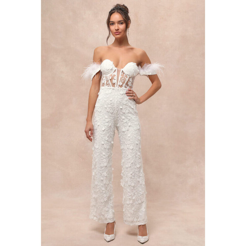 Lulus Midnight Sparkle White Mesh Embroidered Feather Bustier Jumpsuit - Size M